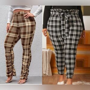 NWT Lot (2) Shein Curve Plaid Belted Rushed Trouser Pants Blue Brown Sz 2XL